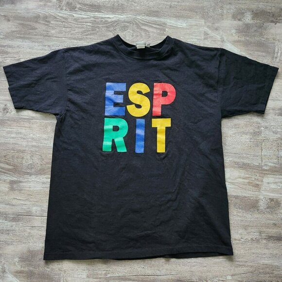 Esprit  Vintage 90s Sport T Shirt Single Stitch XL Black Crew Spell Out Logo USA - Picture 1 of 14